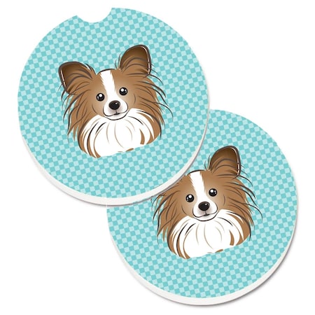 Carolines Treasures Checkerboard Blue Papillon Set of 2 Cup Holder Car Coaster BB1186CARC